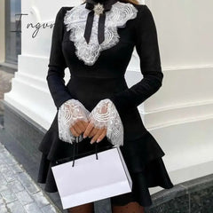 Ingvn - Women Eyelash Lace Bell Sleeve Ruffles Dress Party Dress Elegant Fashion Dress