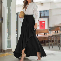 Long Skirt Fashion Women Fishtail Maxi Skirts High Waist Belted Party Jupe Sexy Casual Loose Holiday Ruffles Skirts