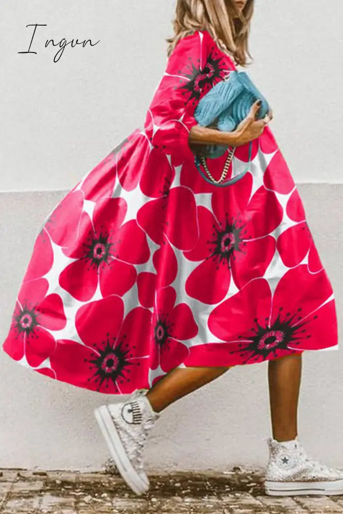 Ingvn - Casual Print Patchwork Turndown Collar Cake Skirt Dresses(11 Colors)