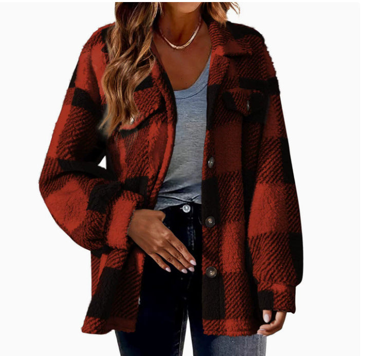 Autumn and Winter Open Button Lapel Plush Plaid Coat Plaid Pattern Button Front Jacket Warm