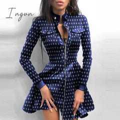 Ingvn - Sexy Stand Collar Print Zipper Long Sleeves Mini Dress Casual Autumn Winter Fashion Pocket Pu Leather Dress Elegant Slim Dresses