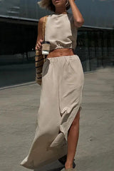 Ingvn- Casual Simplicity Solid Pocket Slit O Neck Sleeveless Two Pieces