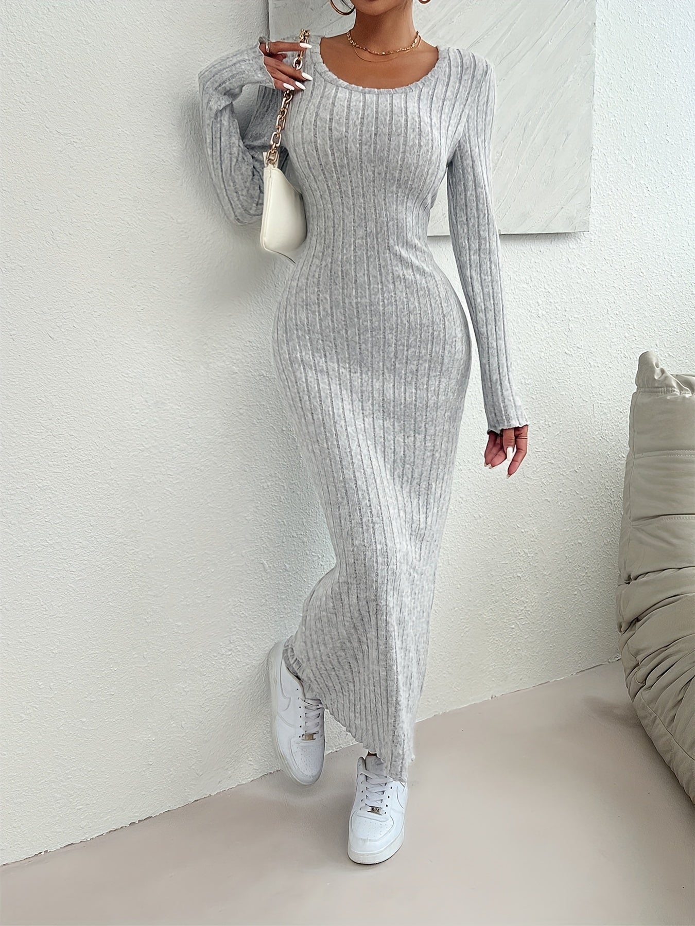 Stylish Ribbed Crew Neck Long Sleeve Dress - Women's Elegant Slim Fit Dresses for Spring & Fall - Soft, Breathable, Comfortable, and Versatile Clothing for Daily Wear