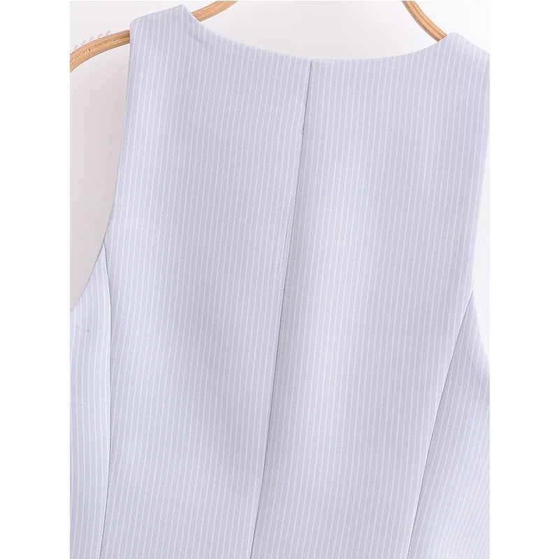 Women Patchwork Striped Temperament Vest Front Button V Neck Sleeveless Waistcoat Spring Summer Chic Tops