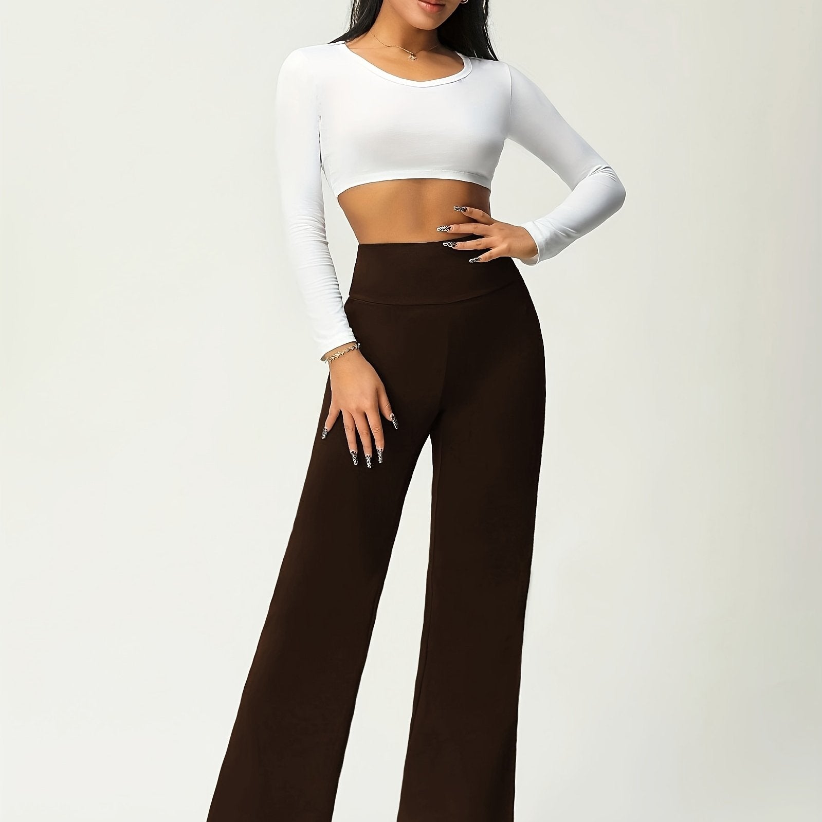 Women's Solid Flare Leg Pants, High Waist Stretchy Pants, Casual Every Day Pants, Women's Clothing