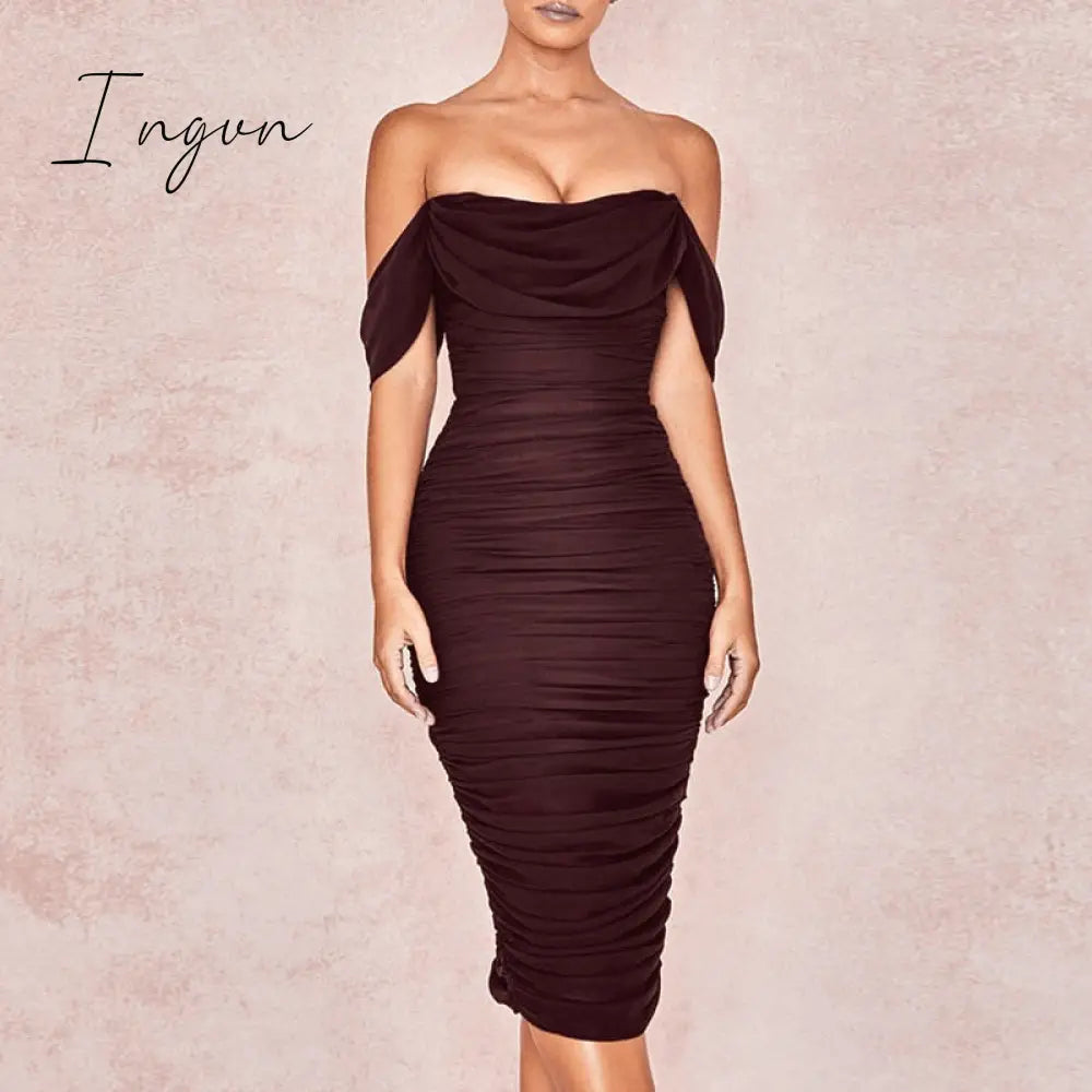 Ingvn - Trends high quality Off Shoulder Ruched Double Layer Mesh Dress Women Long Sleeve Sexy Dresses Ladies Autumn Party Long Christmas Dress