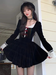 Y2K Sweet  Black Velvet Womens Dresses French Vintage Lace Patchwork Princess Birthday Party Mini Dress Female Short Vestidos