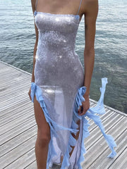 Sequins Long Dress For Women Side Split Flower See Through Sundress Elegant Temperament Sexy Slim Women's Evening Dresses