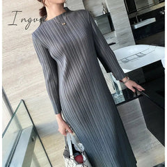 Ingvn - Trends Spring Winter Miyake Pleated Women Comfortable Dress Long Sleeve High Quality Korean Style Casual Aesthetic Clothes