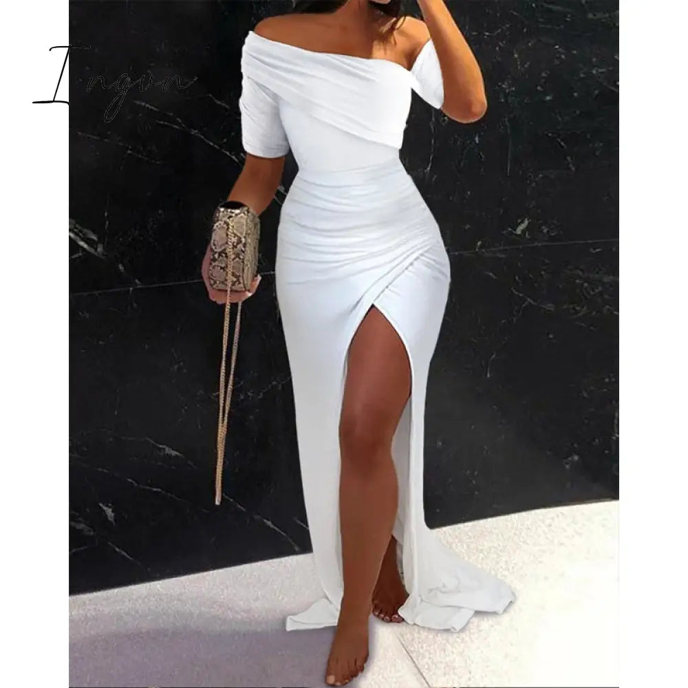 Ingvn - Women Clothing Asymmetric Collar High Waist Robe Slit Dress Chic Solid Short Sleeve Elegant Fashion Prom Banquet Dress New