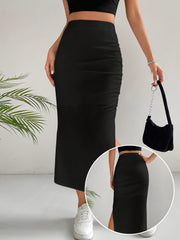 Elegant High-Waist Bodycon Midi Skirt with Chic Split - Durable & Stretch, Perfect for Multi-Season Style