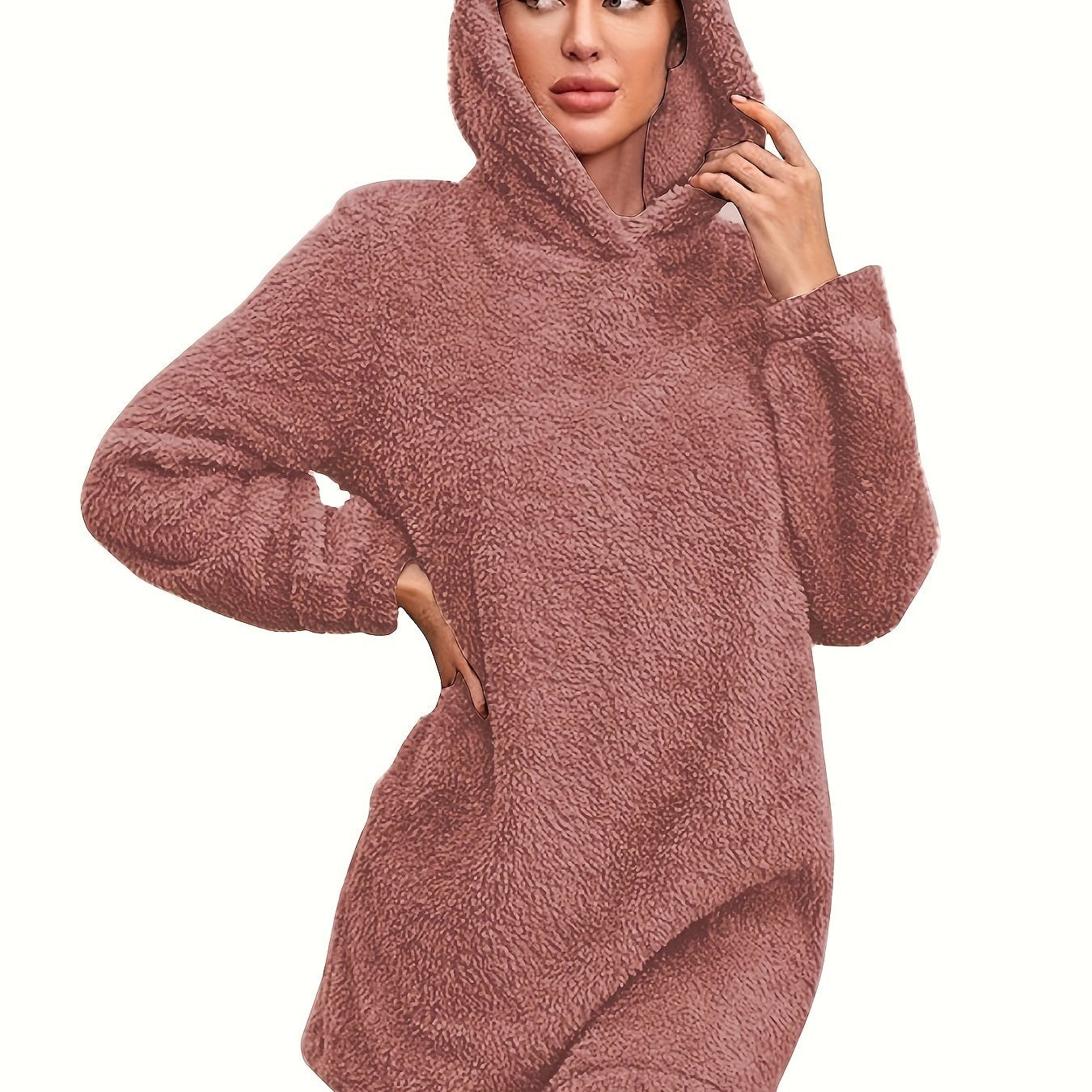 Cozy Fuzzy Solid Color Loose Fit Hooded Dress - Women's Casual Long Sleeve Dresses for Fall & Winter - Soft, Warm, and Comfortable Clothing for Everyday Wear