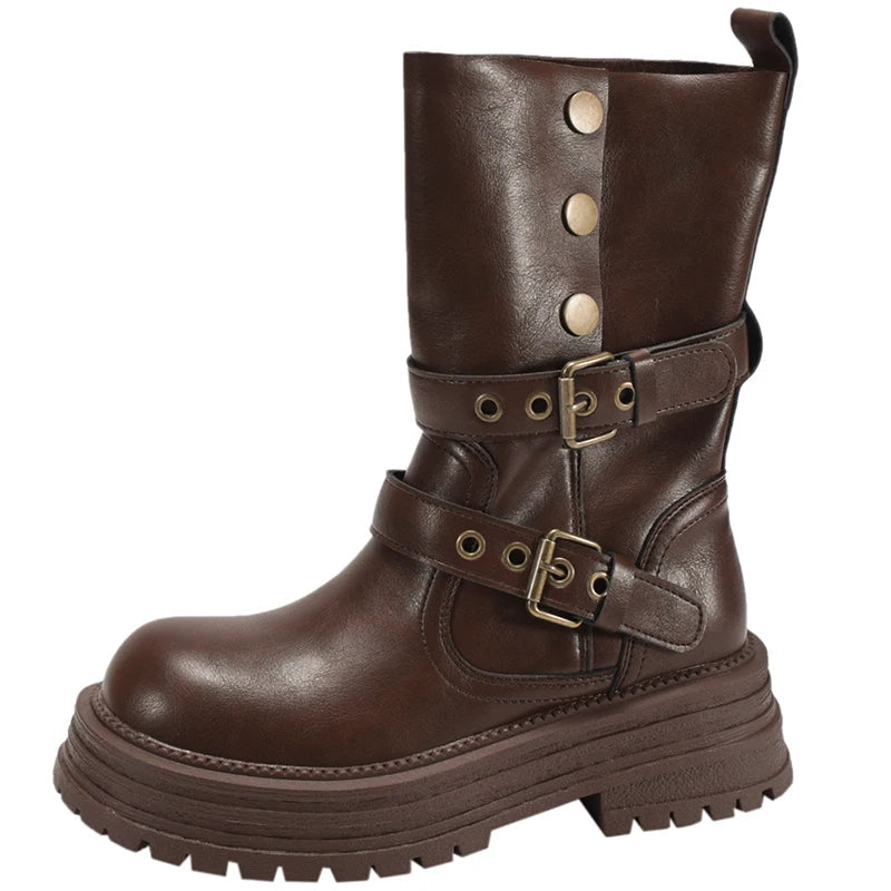 Ingvn  Vintage Black Women Western Cowgirl Boots Fashion Belt Buckle Knight Mid Calf Booties Ladies Elegant Thick Heels Botas Mujer