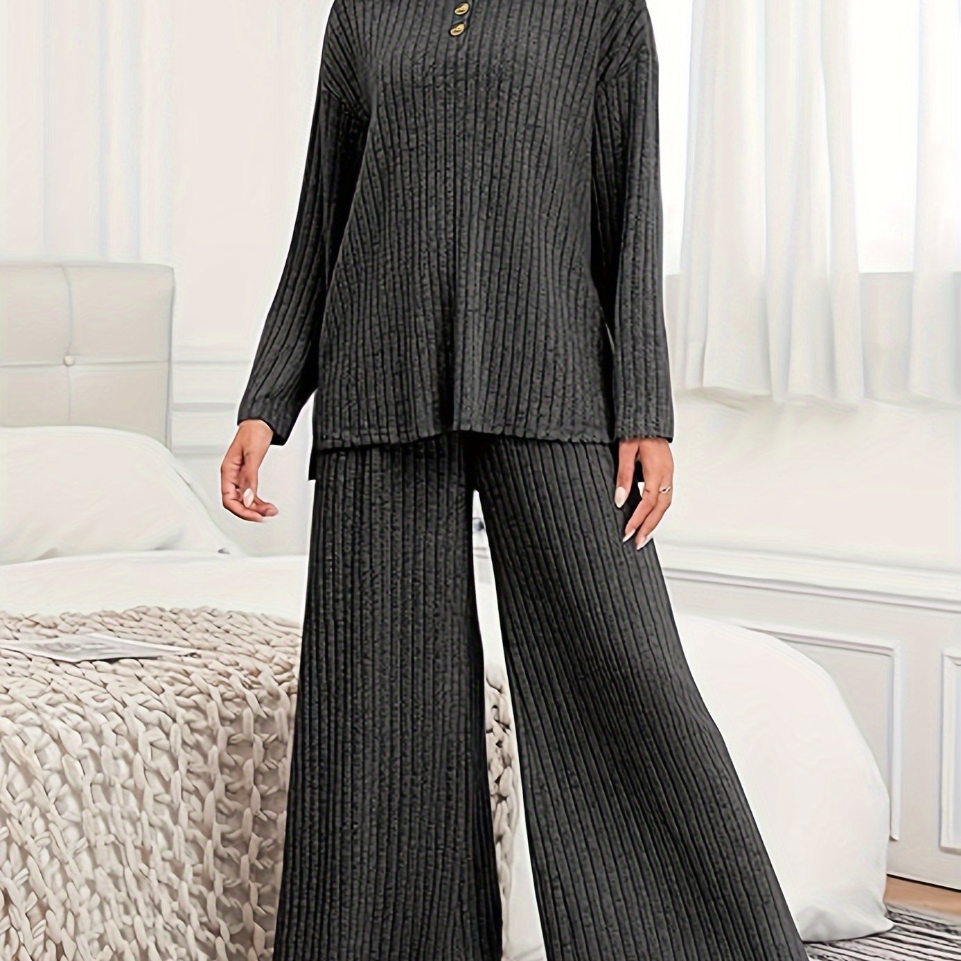 Plus Size Two-Piece Ribbed Crew Neck Outfit Set - Soft Medium Stretch Polyester Knit Fabric, Wide Leg Pants, Long Sleeve Top, Solid Color, No Printing, Casual Style - Womens Comfortable Plus Size Clothing