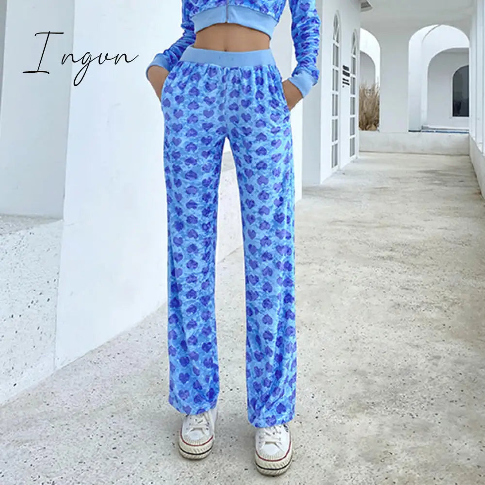 Ingvn - Y2K Pink Pants Heart Printed Sweet Trousers Vintage Aesthetic Party Pants Pockets Joggers Festival Outfits Women New