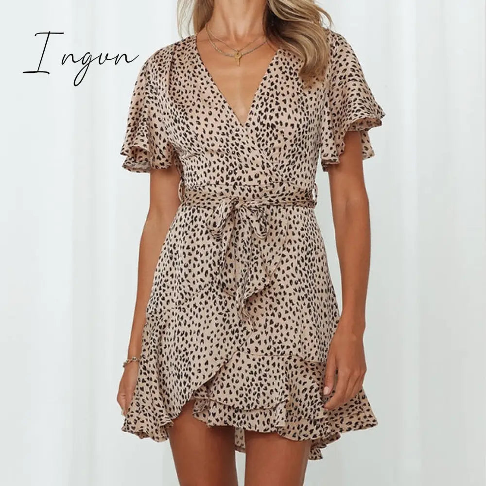 Ingvn - Summer Women Dress Butterfly Sleeve Polka Dot Floral Print V Neck High Waist Sashes Dress Vintage Female Mini Red Vestidos