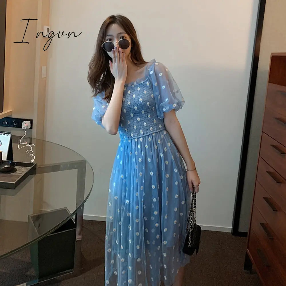 Ingvn - Embroidered Off-Shoulder Dresses Fairy Chic Gentle Dress Female New Style Sweet Daisy Printed Mesh Long Floral Dress Female