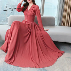 Ingvn - Vintage Elegant Solid Women's Party Chiffon High Quality V-Neck Slim Female Long Sleeve Autumn Vestidos Long Dresses Robe
