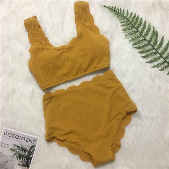 Voguable New Women Swimsuit Scalloped High Waist Bikini Set Solid Two Pieces Plus Size Swimwear Biquini Tankini