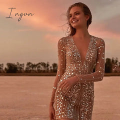 Ingvn - Party Dresses For Women 2023 Bodycon Lady Deep-V  Slim Elegant Long-Sleeved Sequin Dress Women's Club Rave Gold Night