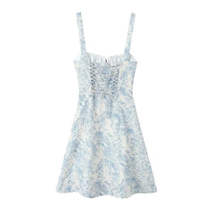 New Women French Style Floral Print Sling Short Dress Lace Up Bandage Back A-line  Summer Dress Holiday Robe