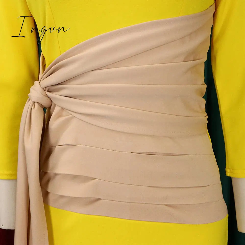 Ingvn - Autumn Fashion Elegant Colorblock Lace-Up Dress Women Office Ladies OL Colorblock Slim Dress Women