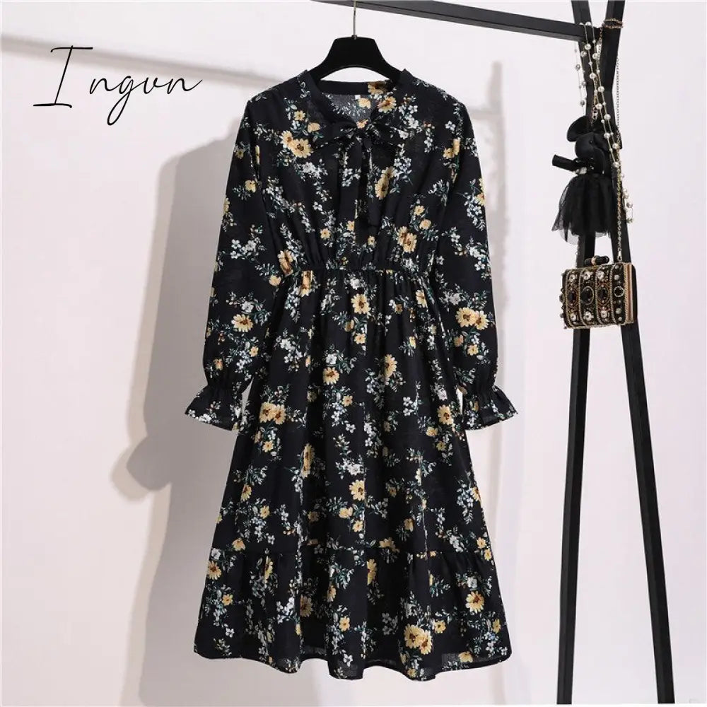 Ingvn - 11 Style Beautiful Fashion Summer Women Long Sleeve Dress Retro Collar Casual High Waist Dresses Floral Print Chiffon Clothing