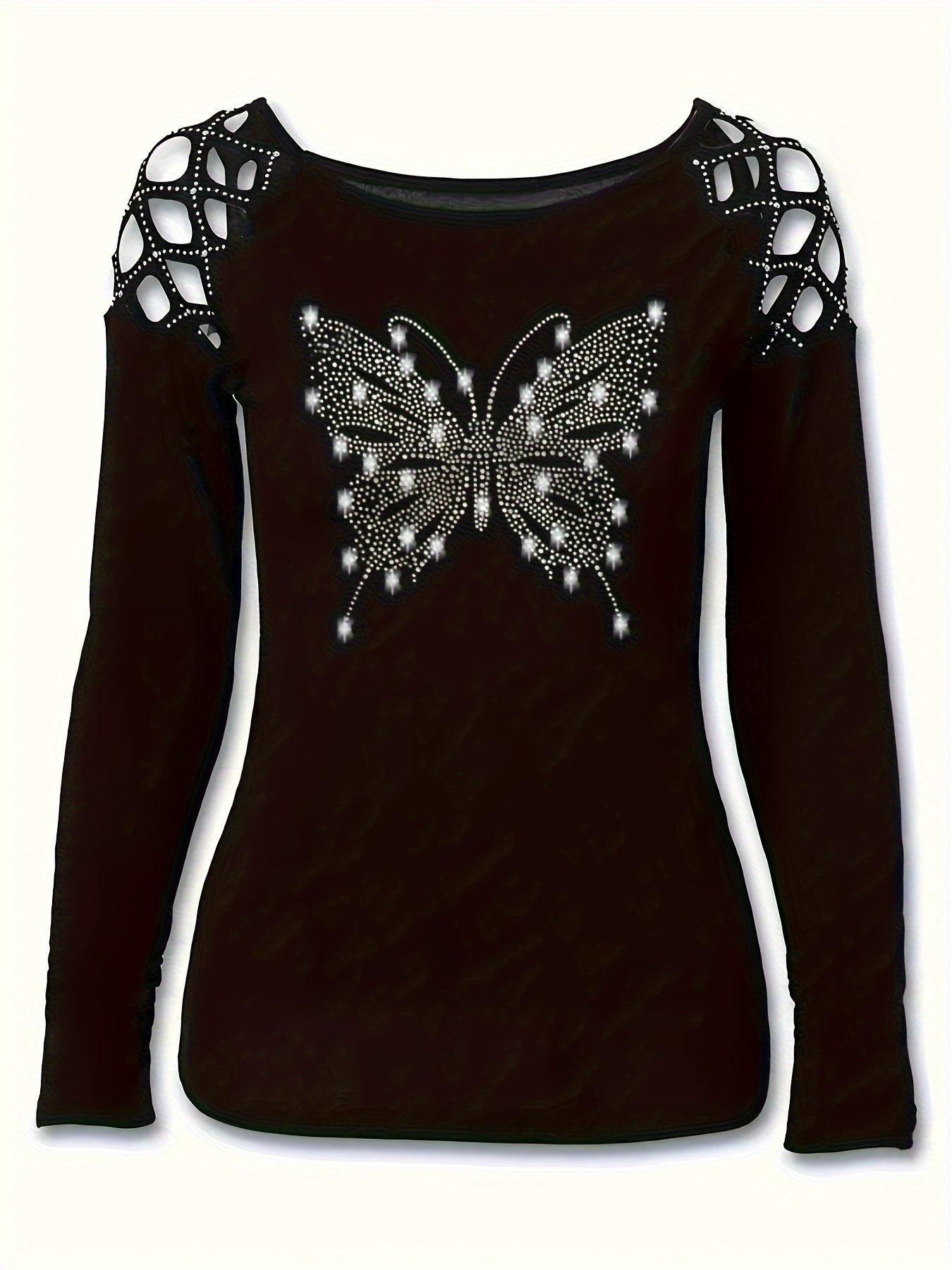 Plus Size Glittery Butterfly Chic Long Sleeve T-shirt - Sparkling Hollow Out Design, Round Neck, Slight Stretch, Comfortable Fit - Y2K Inspired Fashion for Women