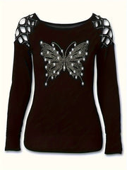 Plus Size Glittery Butterfly Chic Long Sleeve T-shirt - Sparkling Hollow Out Design, Round Neck, Slight Stretch, Comfortable Fit - Y2K Inspired Fashion for Women