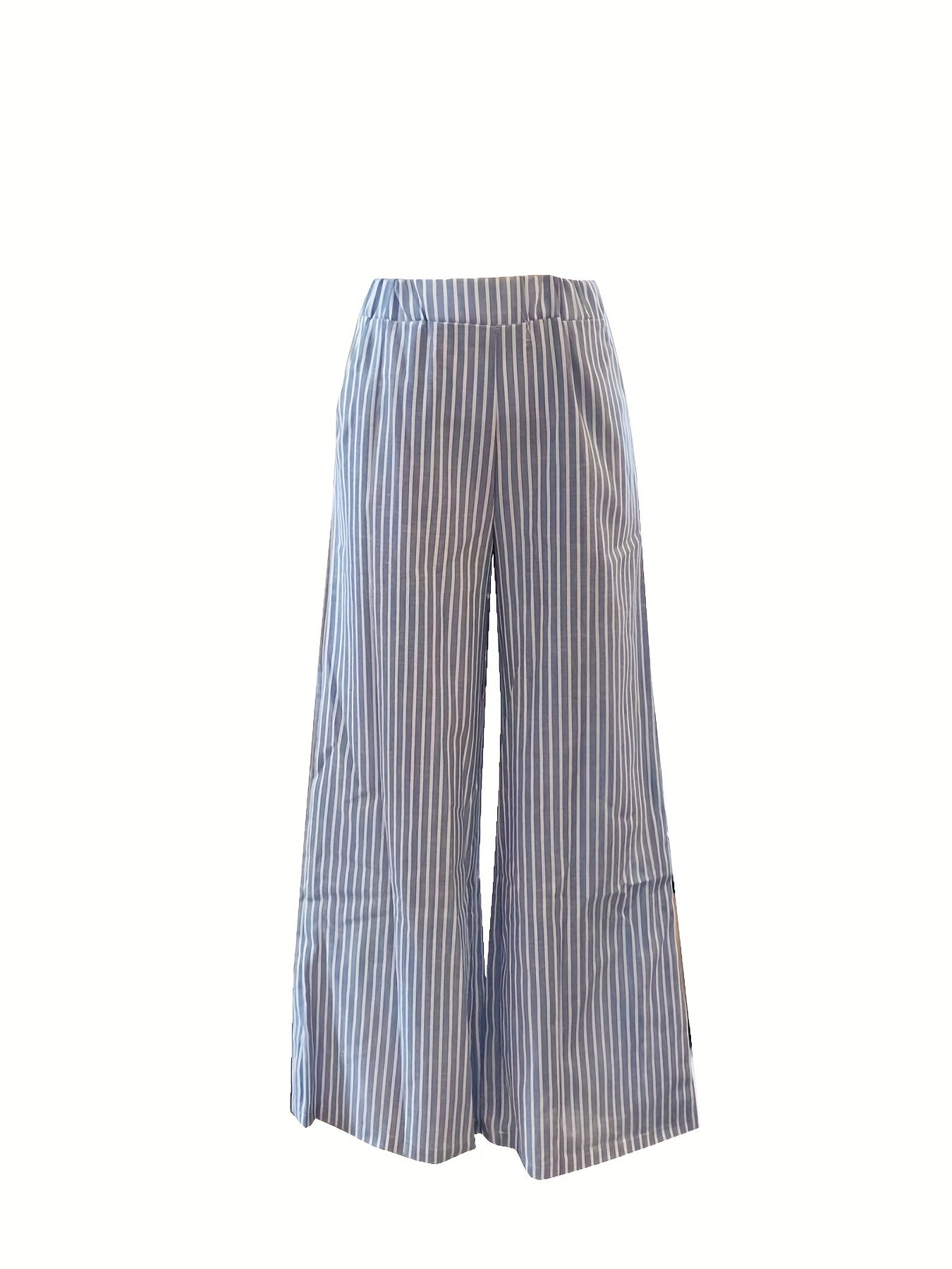 Stripe Print Matching Two-piece Set, Casual Crew Neck Tank Top & Wide Leg Pants Outfits, Women's Clothing