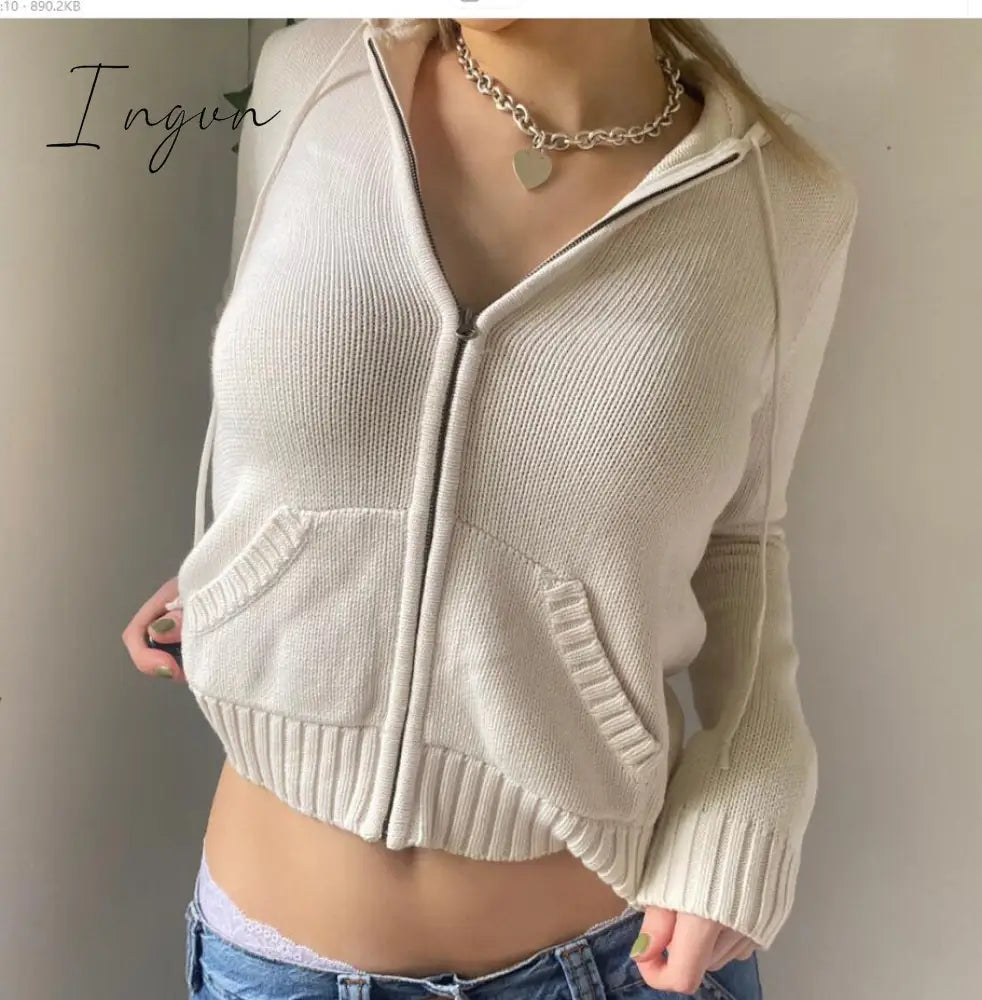Ingvn - Women’s Full Zip Knit Hoodies Casual Sweaters Solid Color Long Sleeve Drawstring Sweatshirts Cardigan Zip-up Y2K Clothing