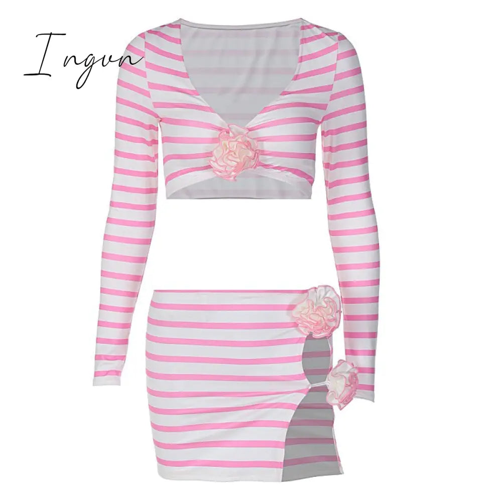 Ingvn - Flower Stripes Skirt Set Women V Neck Full Sleeve Crop Top And Mini Skirt Suits Fashion Hollow Out Sexy Two Piece Sets