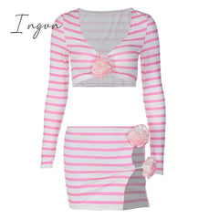 Ingvn - Flower Stripes Skirt Set Women V Neck Full Sleeve Crop Top And Mini Skirt Suits Fashion Hollow Out Sexy Two Piece Sets