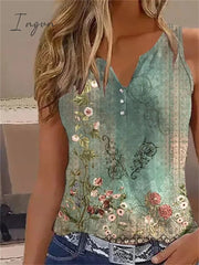 Ingvn - Women's Tank Top White Red Blue Floral Button Print Short Sleeve Casual Holiday Basic V Neck Floral
