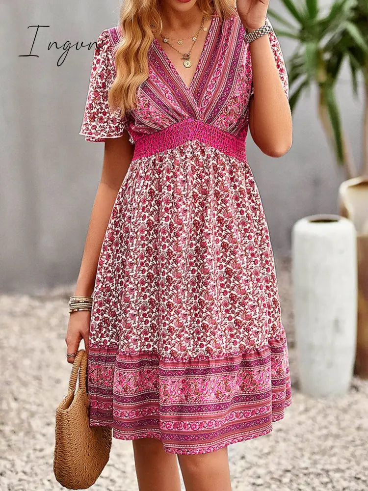 Ingvn - Floral Print Bohemian Style V-Neck Flutter Sleeve Dress