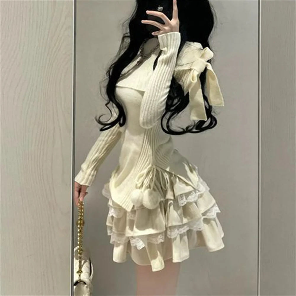Voguable Autumn Winter Woman Kawaii Sweet 2 Piece Set Off Shoulder Bow Knitted Tops + Mini Cake Skirt Female Korean Fashion Casual Suits