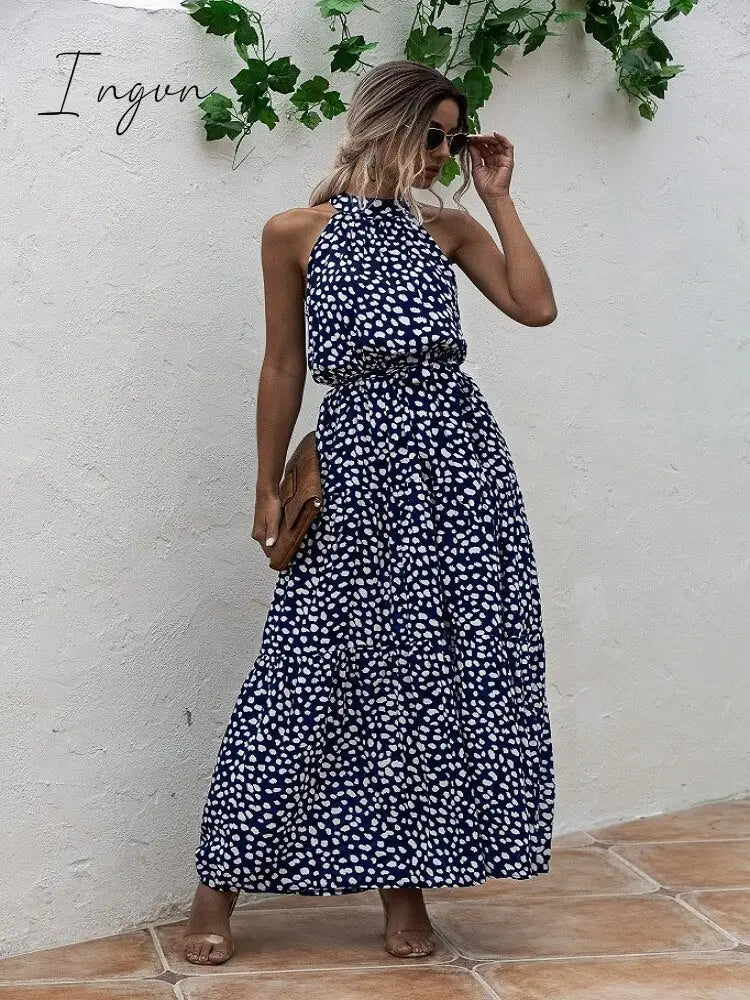 Ingvn - Summer Elegant  beach Women Dress long Print Flowers Polka-dot strap Ladies Halter boho Dress Vintage party ladies Dress