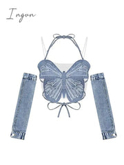 Ingvn - Women Sexy Crop Top Off Shoulder Removable Sleeves Y2k Tank Top 90s Vintage Streetwear Fashion Bandage Butterfly Tube Top Summer
