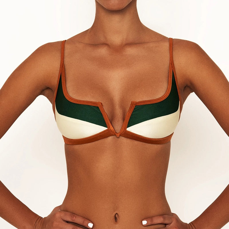 Vintage Retro Bikini Patchwork Swimsuit Thong Brazilian Sexy Swimwear Female  New Summer Micro V-bar Green Bathing Suits