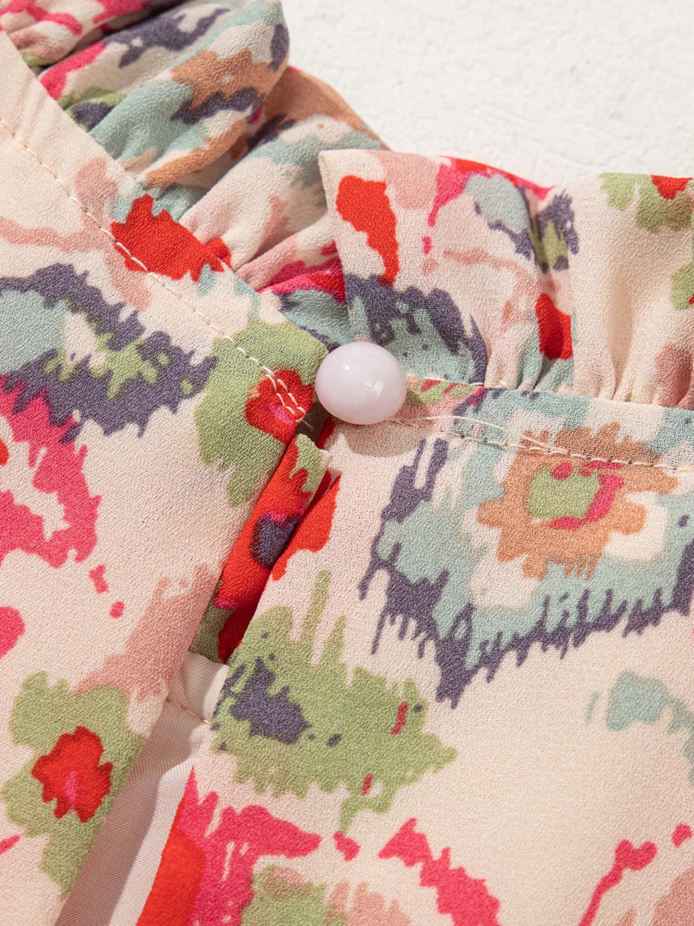 Floral Print Frilled Neck Puff Sleeve High Waist Dress