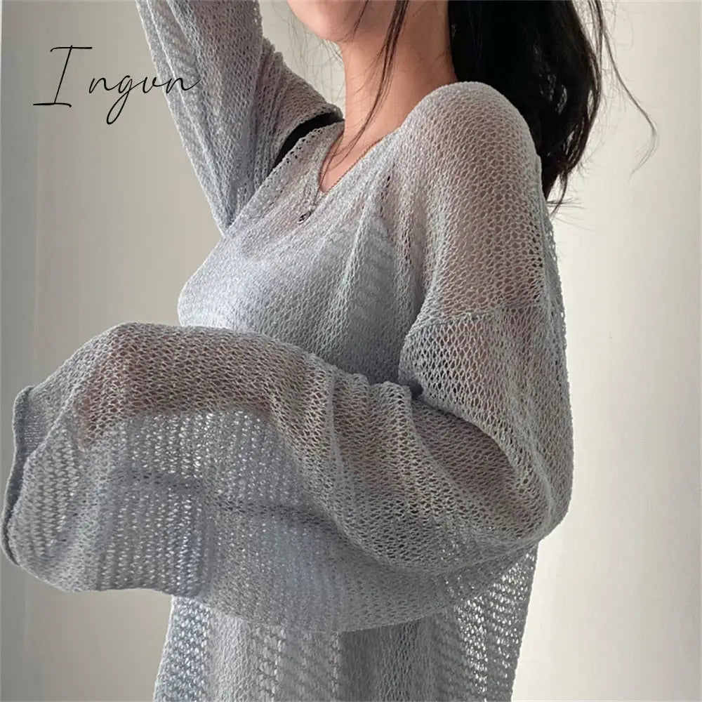 Ingvn - Lazy Style Full Sleeves Jumpers Tops Hollow Out Sexy Women Fashion Casual Streetwear Chic Femme Sweaters Pullovers