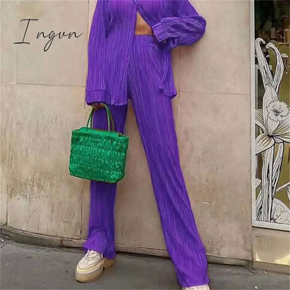 Ingvn - Women Pleated 2 Piece Pants Sets Spring Summer Streetwear Long Sleeve Button Down Shirt+Straight-Leg Pants Loose Outfits