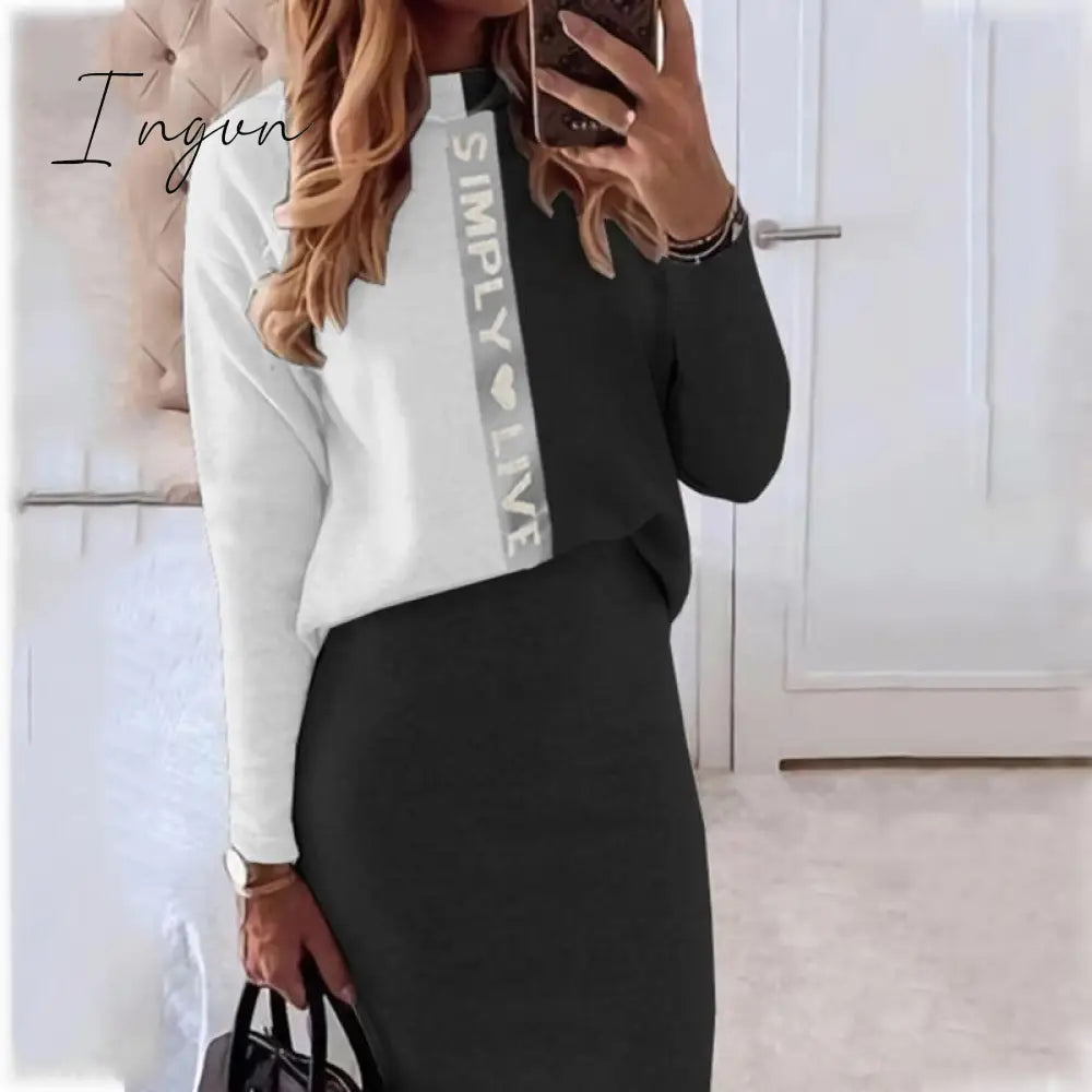 Ingvn - Casual Women 2-piece Suit Autumn Winter Half High Neck Fashion Top+ Pencil Skirt Outfit Elegant Office Ladies Set Clothes