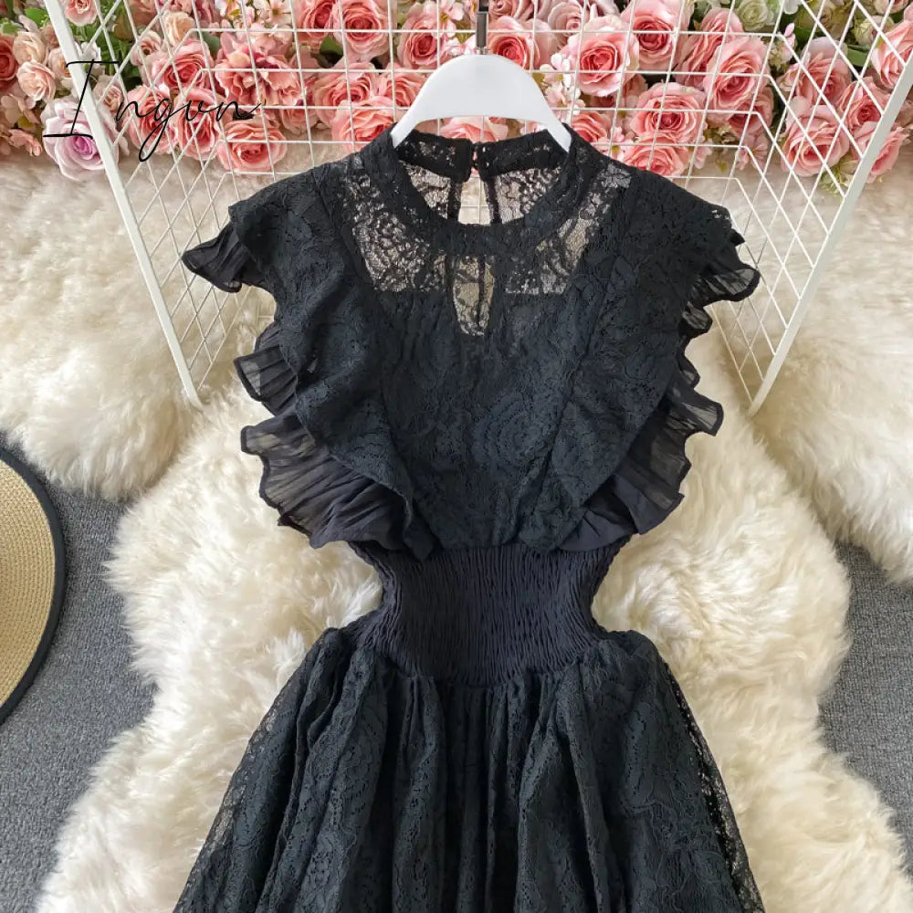Ingvn - Vintage Purple/Green/Red Lace Midi Dress Women Sweet Round Neck Ruffle Vestidos Female High Waist Slim Robe Spring Autumn