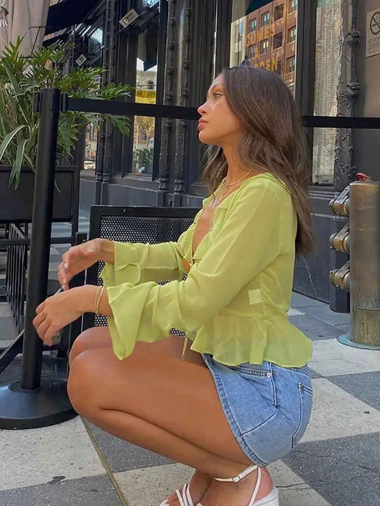 Ingvn - Summer Outfits Vintage 90s Streetwear Ruffles Trim Green Chiffon T-shirts Y2K Fashion Sexy Deep V Lace Up Long Sleeve Tops Transparent