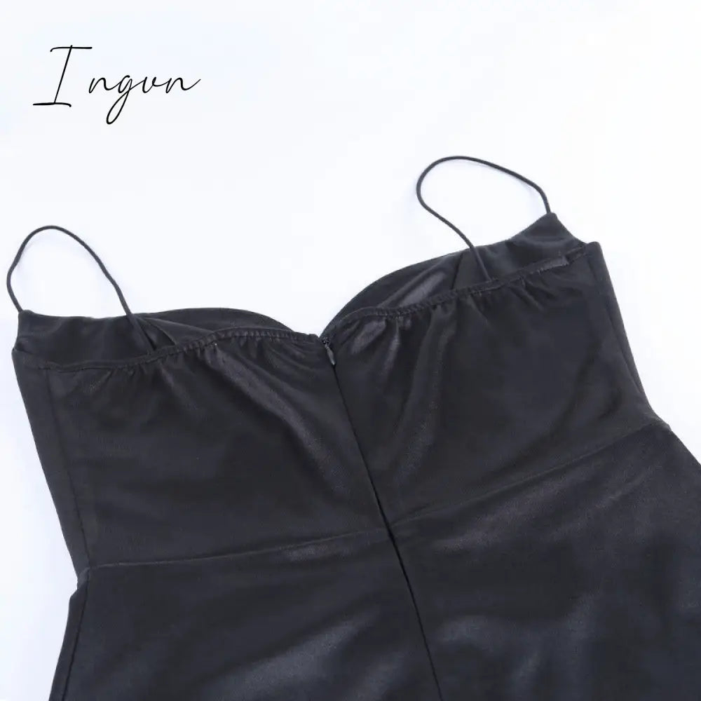 Ingvn - Summer Dresses For Women Sexy Black Satin Spaghetti Straps Low Cut Long Dress Women Summer Ruched Side High Split Maxi Dress Elegant Party Club