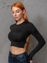 Ingvn - Round Neck Cropped Backless Tie Back Blouse