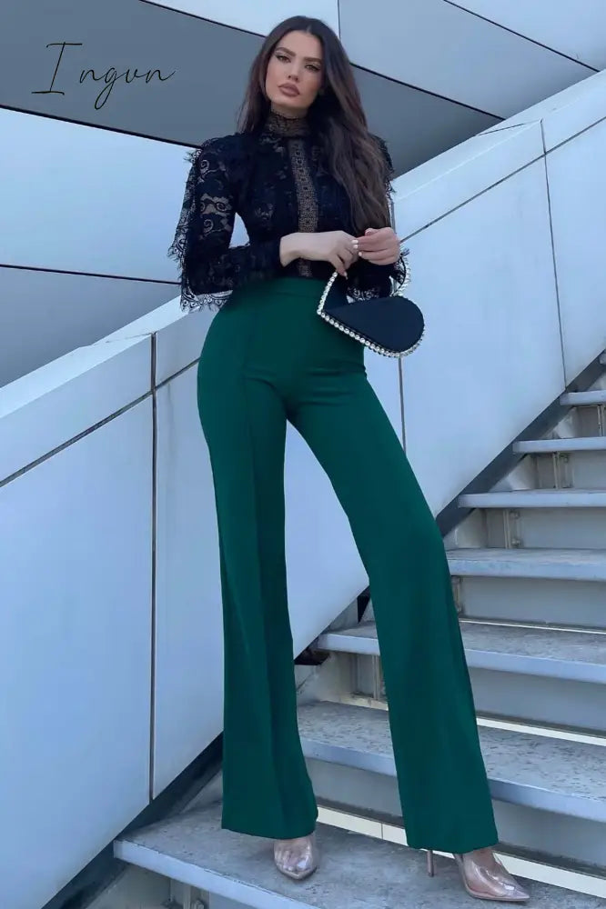 Ingvn - Spring  Autumn New Slim Solid Tone Flare Pants Fashion Korean Version Elastic Waist Street Dress Women Suit Wide Leg Pants
