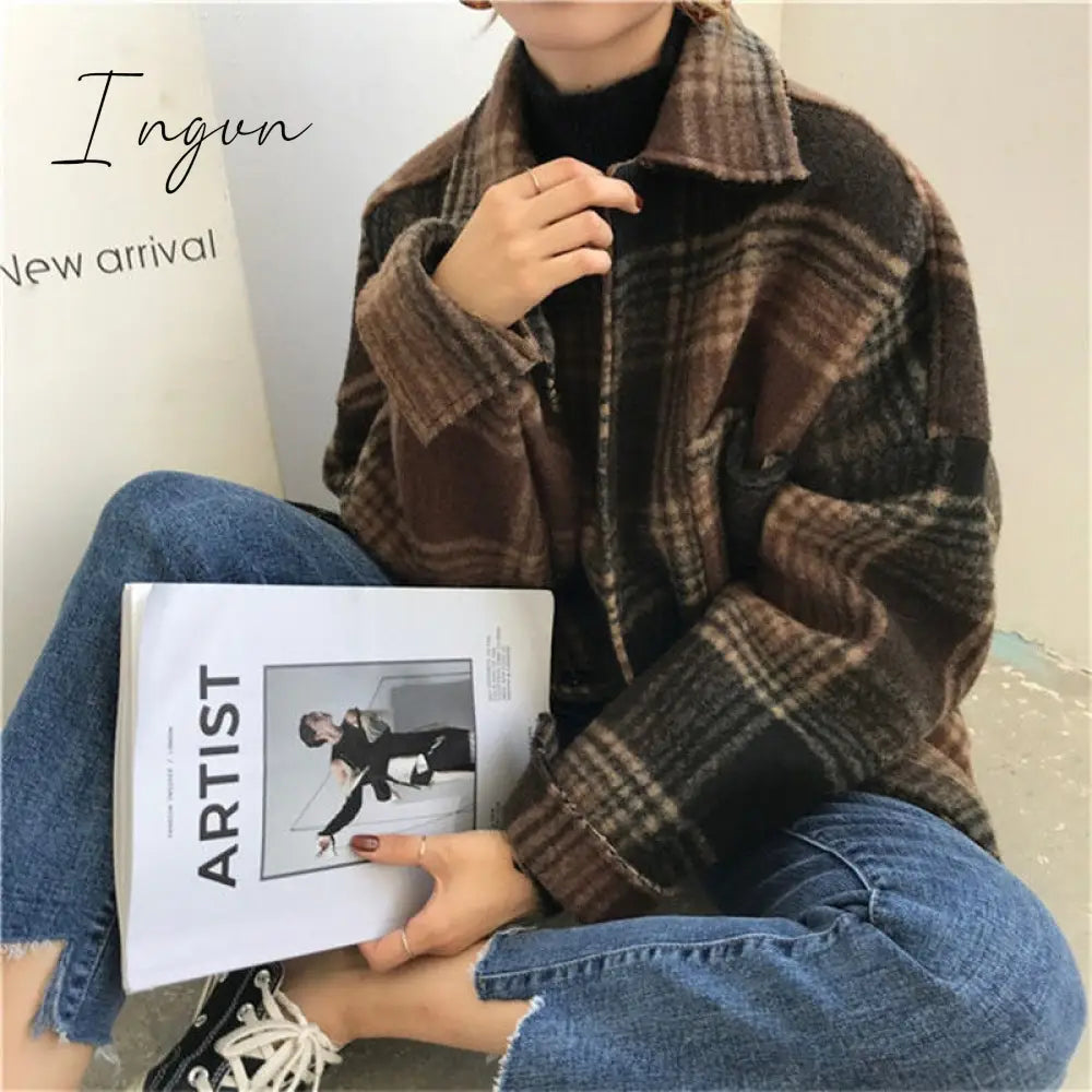 Ingvn - Wool Plaid Blends Coat Jacket