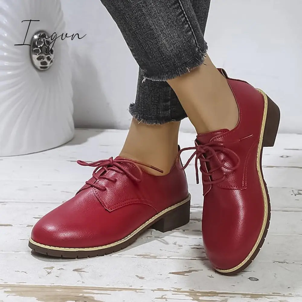 Ingvn - Women's Oxfords Daily Block Heel Round Toe Casual Minimalism PU Leather Lace-up Solid Colored Black Red